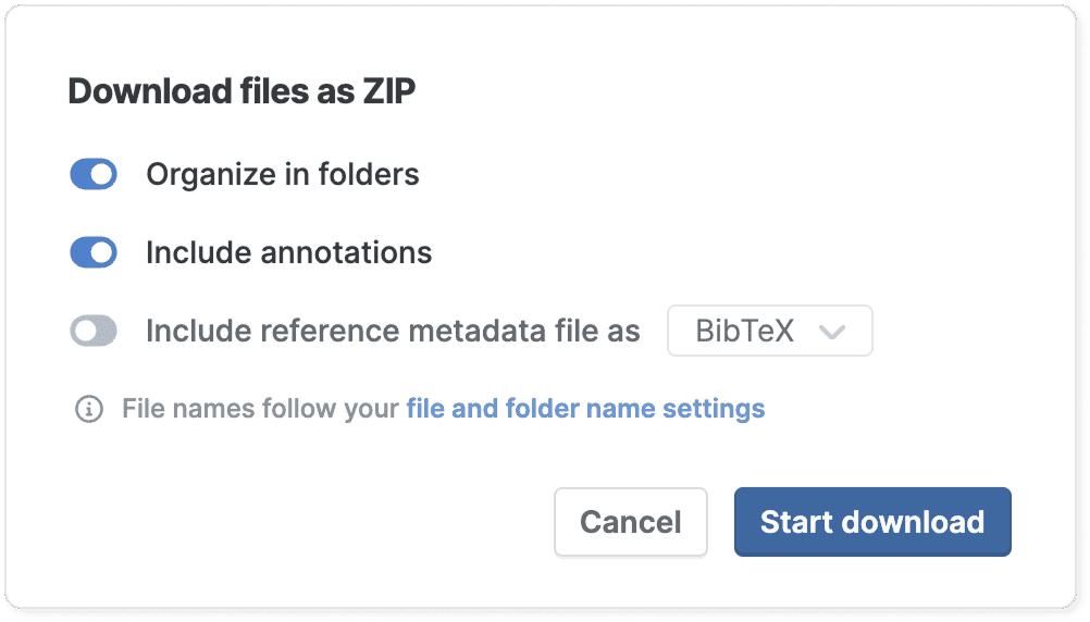 The “Download files as ZIP” dialog with “Organize in folders” and “Include annotations” switched on, “Include reference metadata file as” off with BibTeX selected, and Cancel and “Start download” buttons.